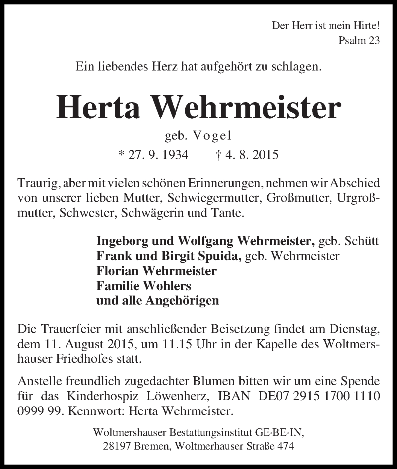 Traueranzeige von Herta Wehrmeister von WESER-KURIER