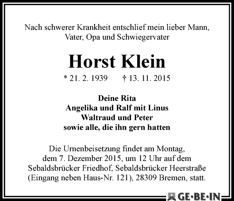 Traueranzeige von Horst Klein von WESER-KURIER