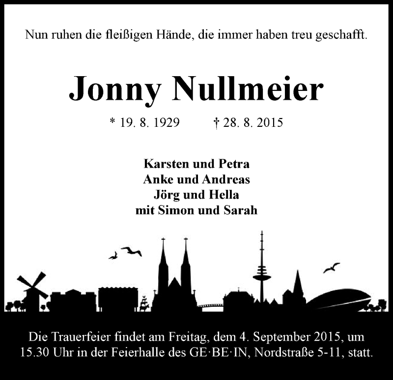Traueranzeige von Jonny Nullmeier von WESER-KURIER