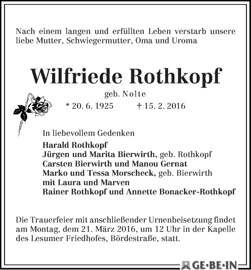 Traueranzeige von Wilfriede Rothkopf von Die Norddeutsche