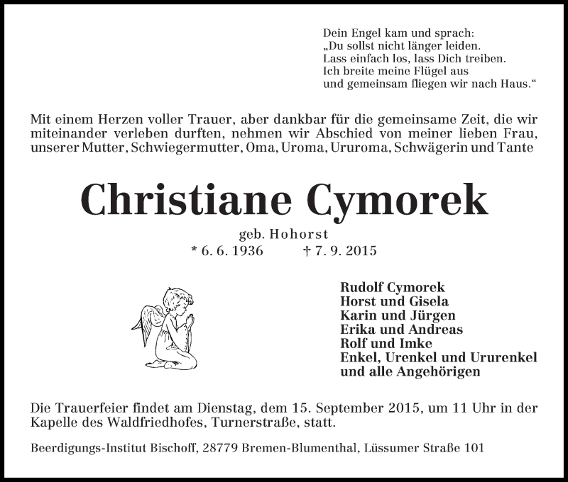 Traueranzeige von Christiane Cymorek von Die Norddeutsche