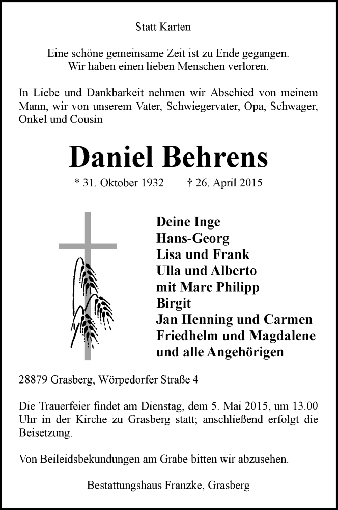 Traueranzeige von Daniel Behrens von Wuemme Zeitung