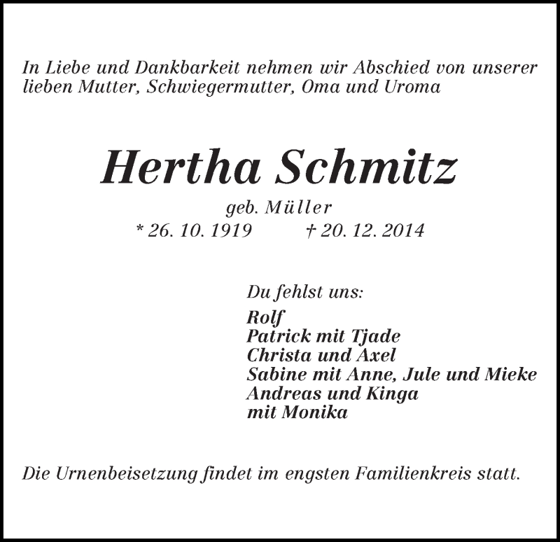 Traueranzeige von Hetha Schmitz von WESER-KURIER
