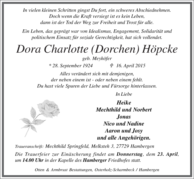  Traueranzeige für Dora Höpcke vom 20.04.2015 aus Osterholzer Kreisblatt