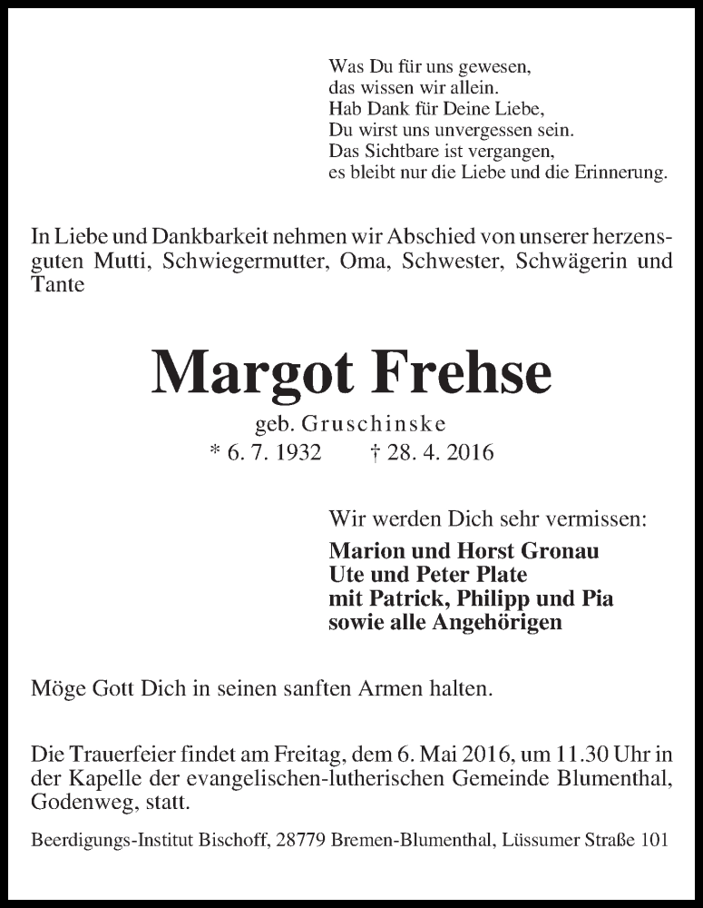  Traueranzeige für Margot Frehse vom 30.04.2016 aus Die Norddeutsche