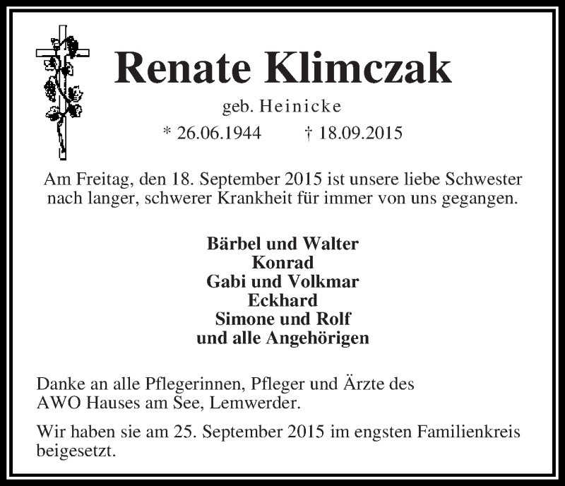  Traueranzeige für Renate Klimczak vom 26.09.2015 aus Die Norddeutsche