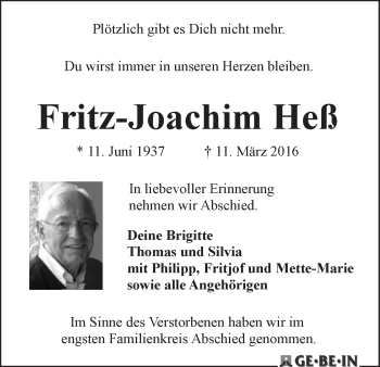 Traueranzeige von Fritz-Joachim Heß