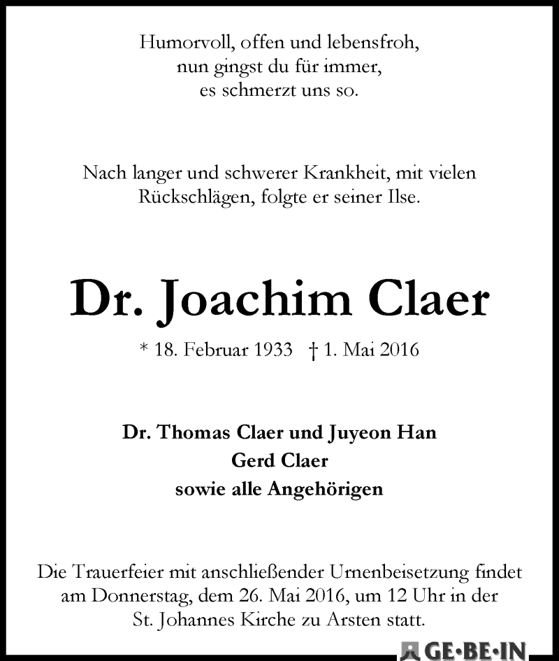 Traueranzeige von Joachim Claer von WESER-KURIER