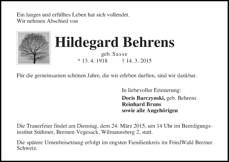  Traueranzeige für Hildegard Behrens vom 21.03.2015 aus Die Norddeutsche