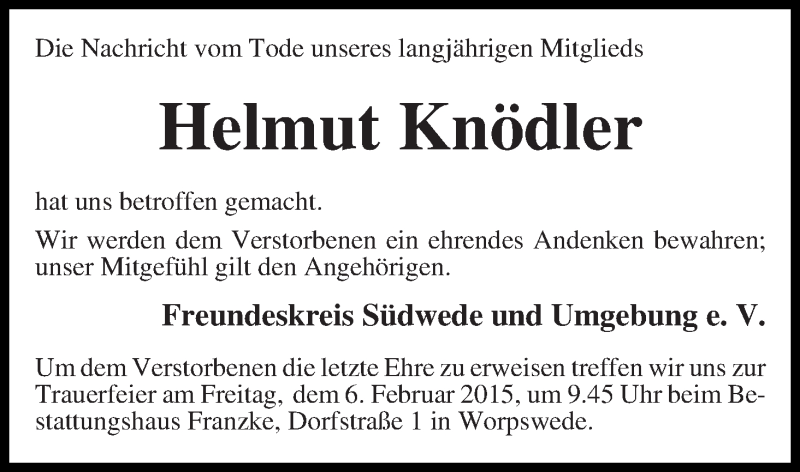 Traueranzeige von Helmut Knödler von Wuemme Zeitung