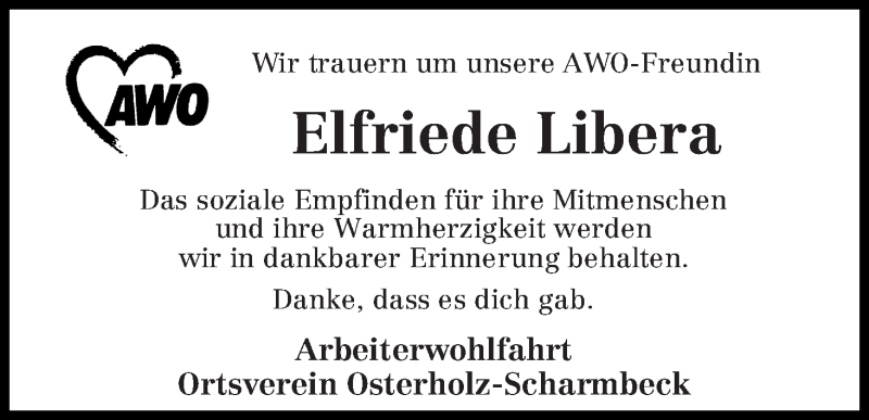 Traueranzeige von Elfriede Libera von Osterholzer Kreisblatt