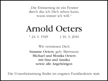 Traueranzeige von Arnold Oeters