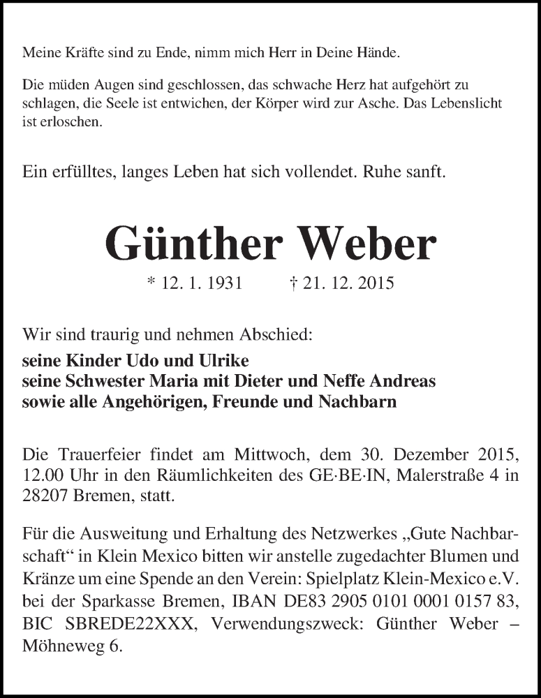  Traueranzeige für Günther Weber vom 24.12.2015 aus WESER-KURIER