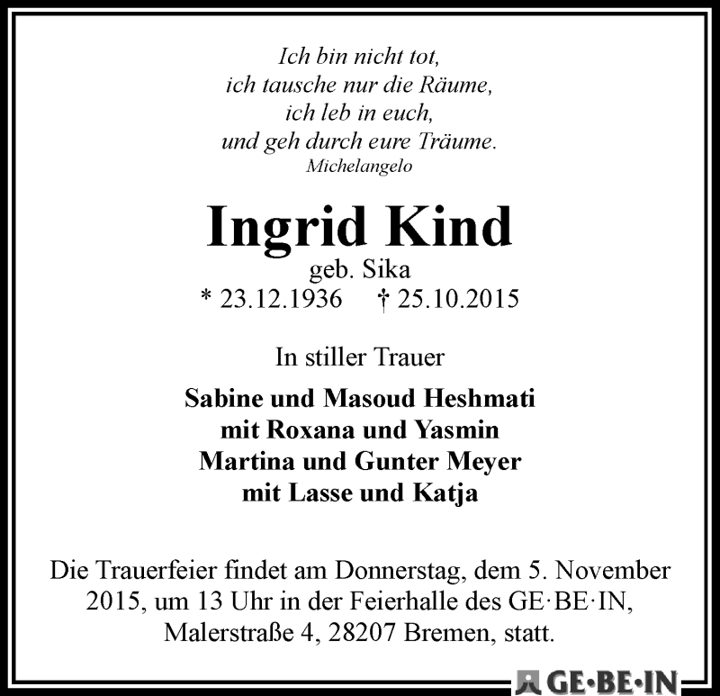 Traueranzeige von Ingrid Kind von WESER-KURIER