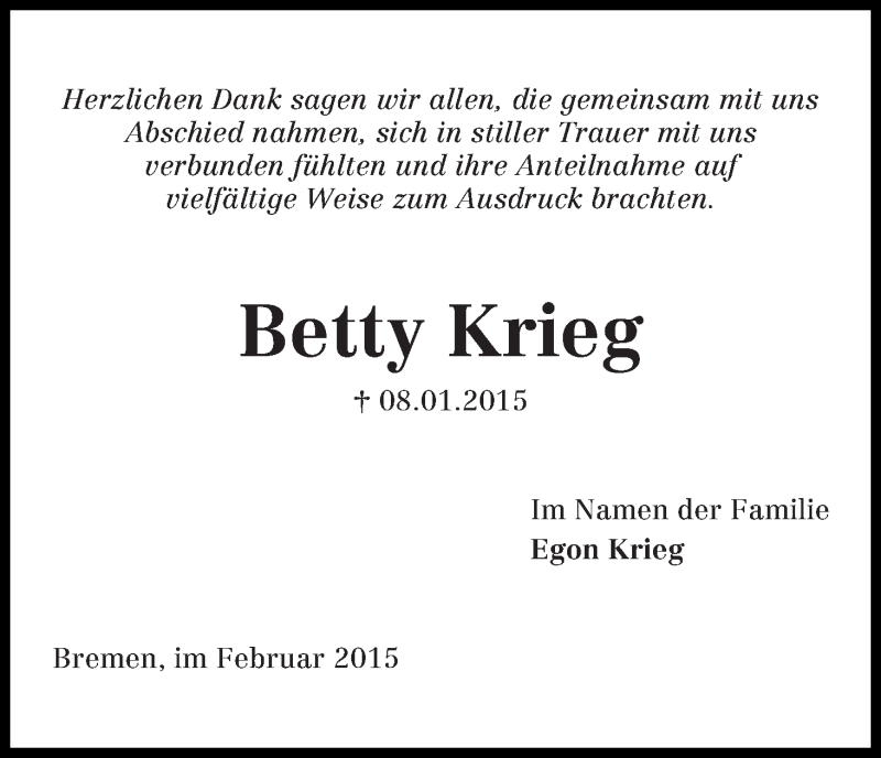 Traueranzeige von Betty Krieg von Die Norddeutsche