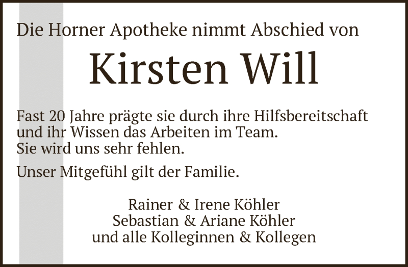  Traueranzeige für Kirsten Will vom 07.05.2016 aus WESER-KURIER