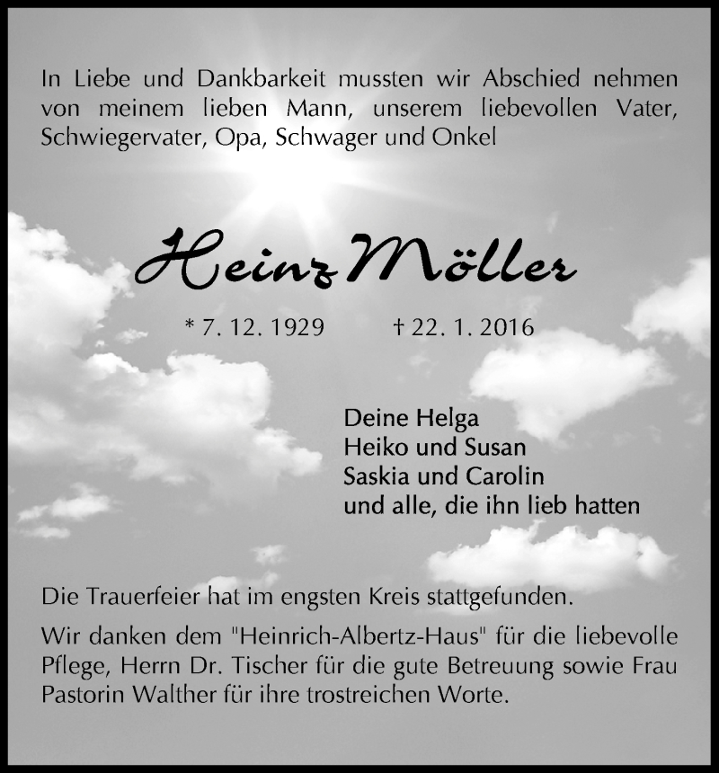 Traueranzeige von Heinz Möller von WESER-KURIER