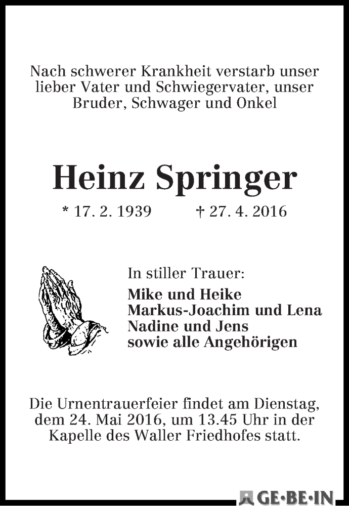 Traueranzeige von Heinz Springer von WESER-KURIER