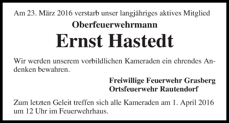 Traueranzeige von Ernst Hastedt von Wuemme Zeitung