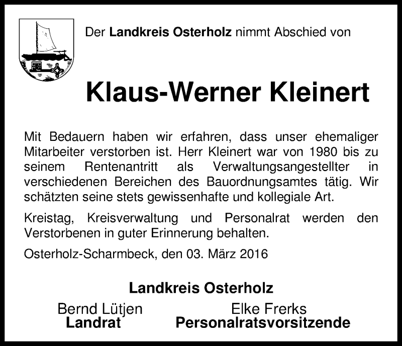 Traueranzeige von Klaus-Werner Kleinert von Osterholzer Kreisblatt