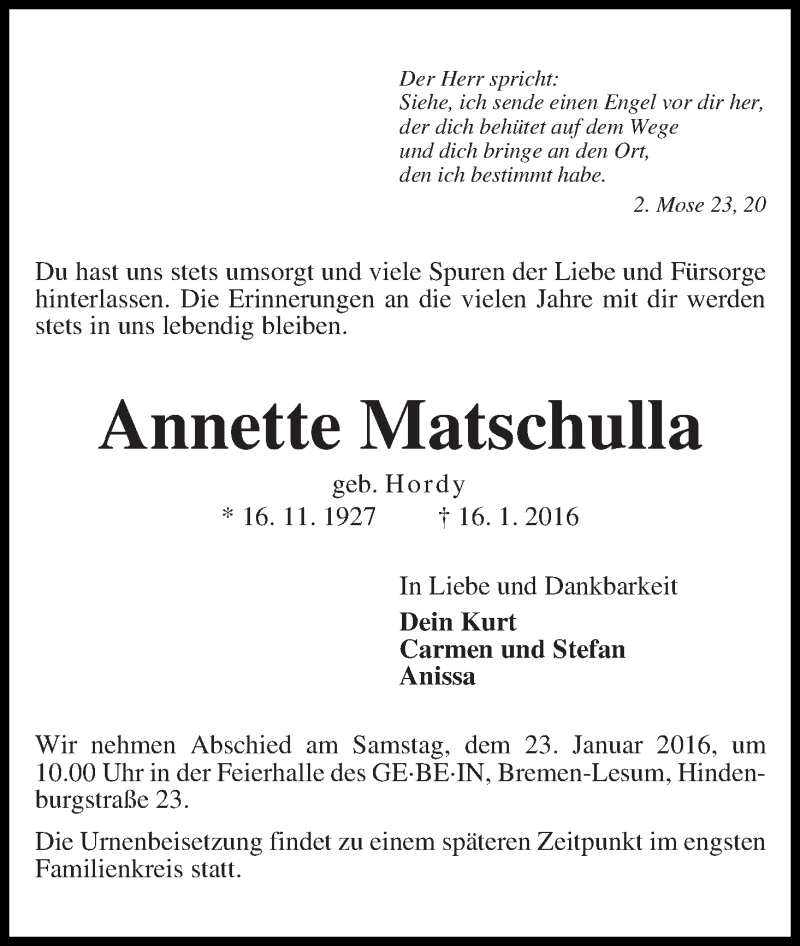 Traueranzeige von Annette Matschulla von Die Norddeutsche