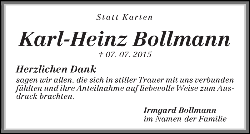 Traueranzeige von Karl-Heinz Bollmann von Die Norddeutsche