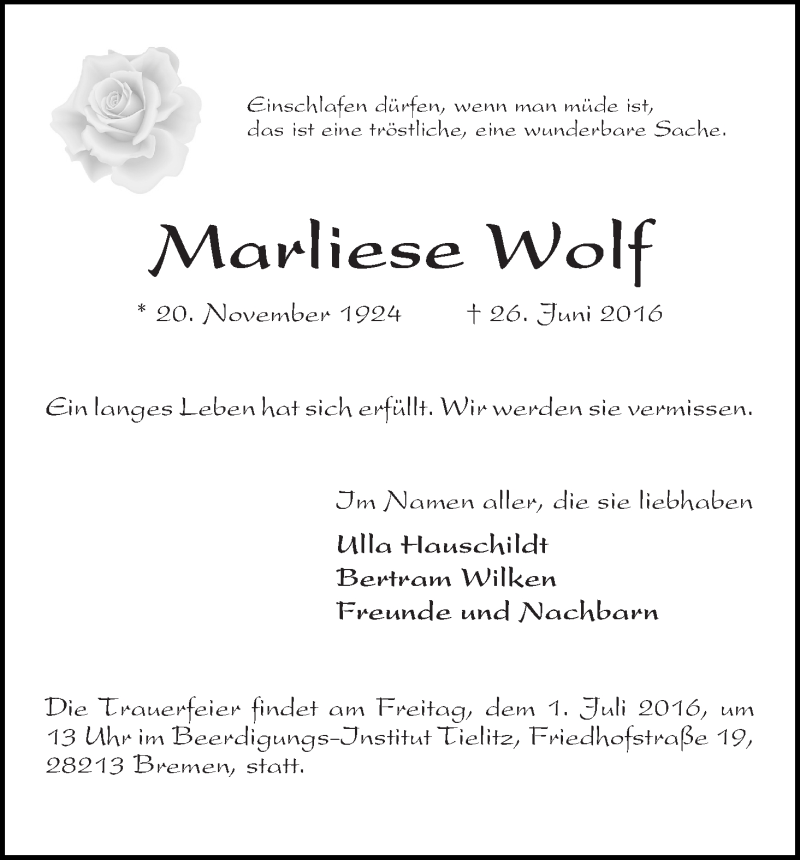 Traueranzeige von Marliese Wolf von WESER-KURIER