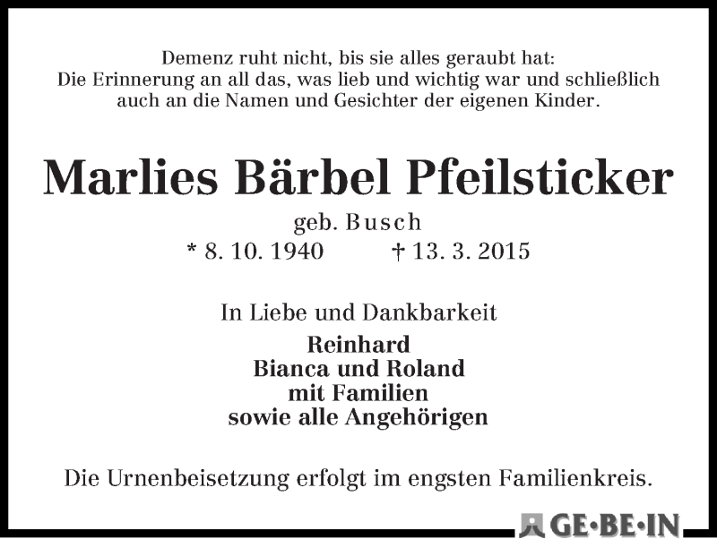 Traueranzeige von Marlies Bärbel Pfeilsticker von WESER-KURIER