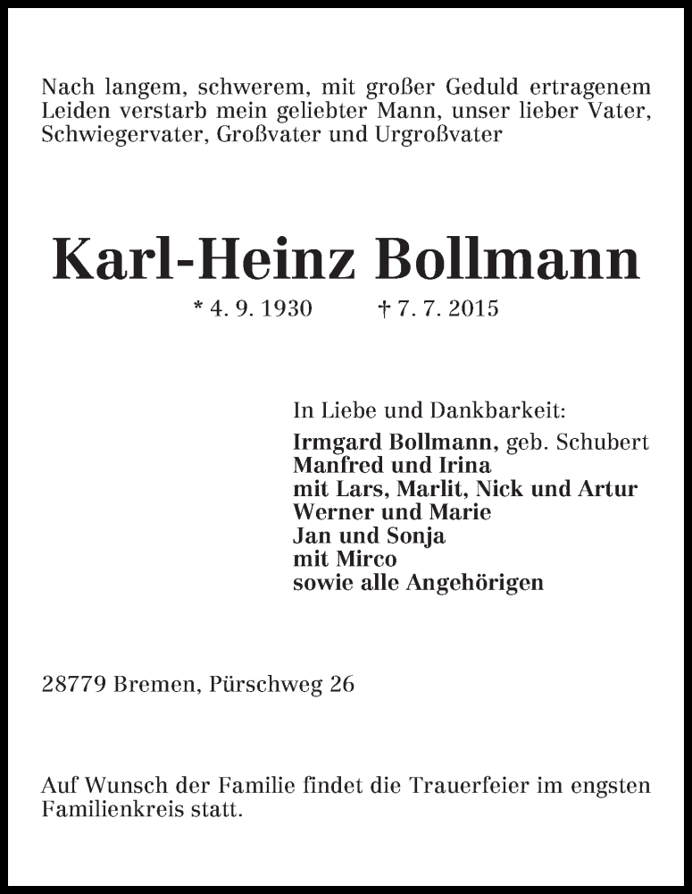 Traueranzeige von Karl-Heinz Bollmann von Die Norddeutsche