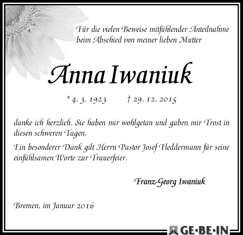 Traueranzeige von Anna Iwaniuk von WESER-KURIER