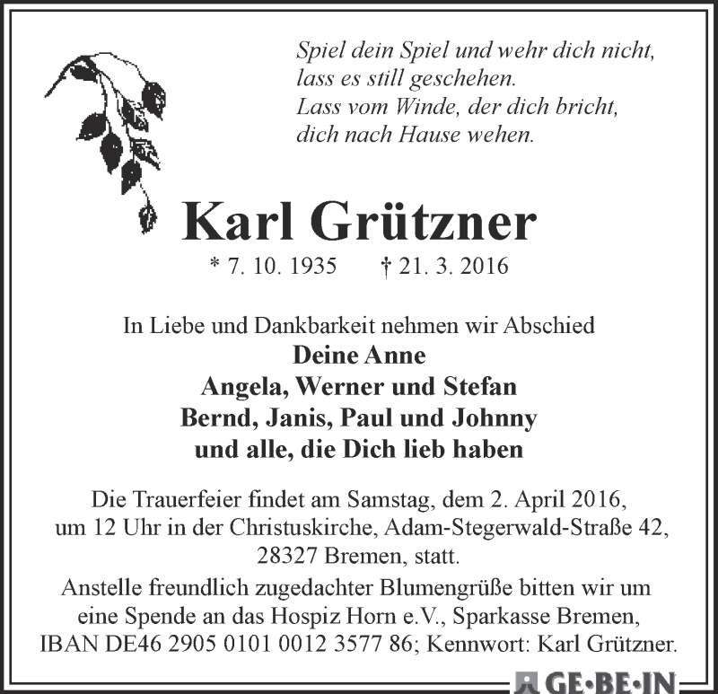 Traueranzeige von Karl Grützner von WESER-KURIER