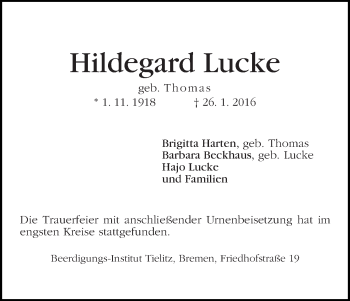 Traueranzeige von Hildegard Lucke