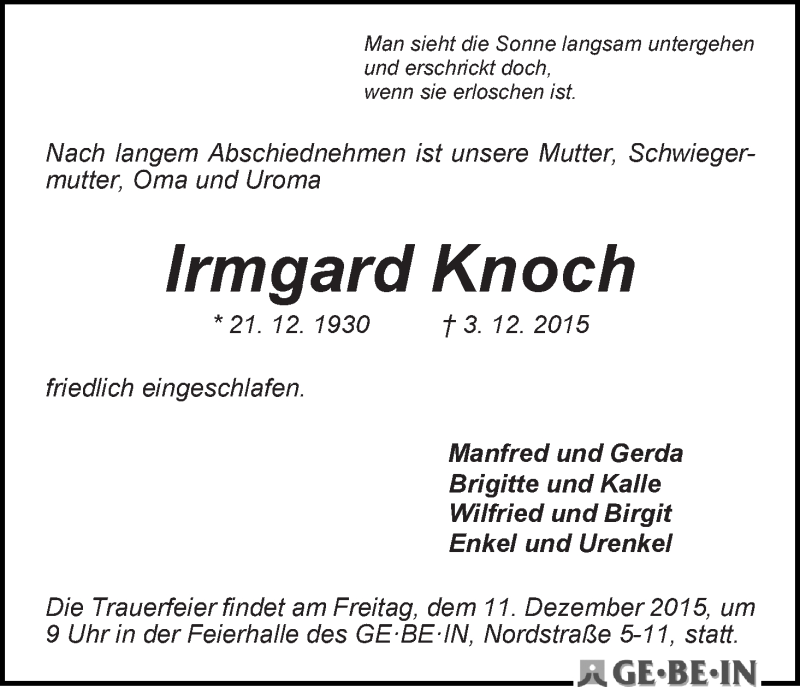 Traueranzeige von Irmgard Knoch von WESER-KURIER
