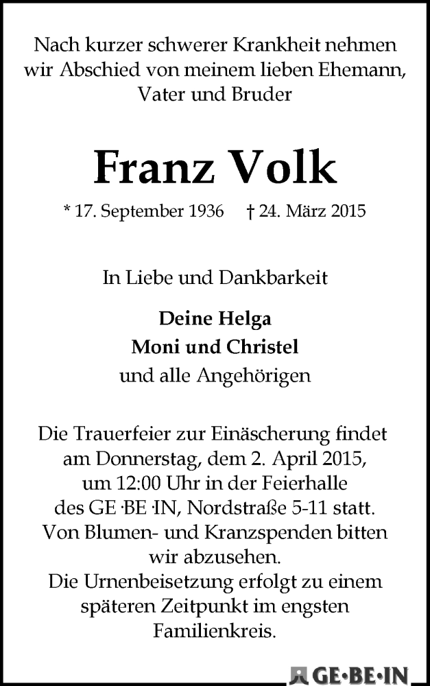 Traueranzeige von Franz Volk von WESER-KURIER