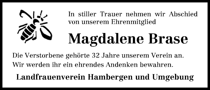 Traueranzeige von Magdalene Brase von Osterholzer Kreisblatt