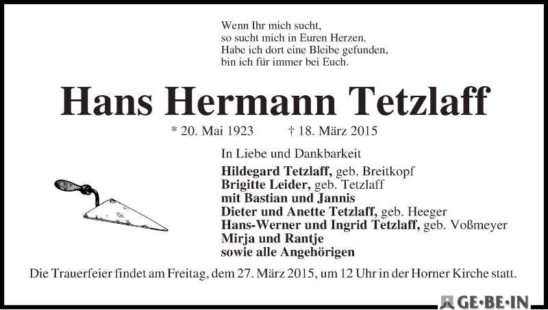 Traueranzeige von Hans Hermann Tetzlaff von WESER-KURIER