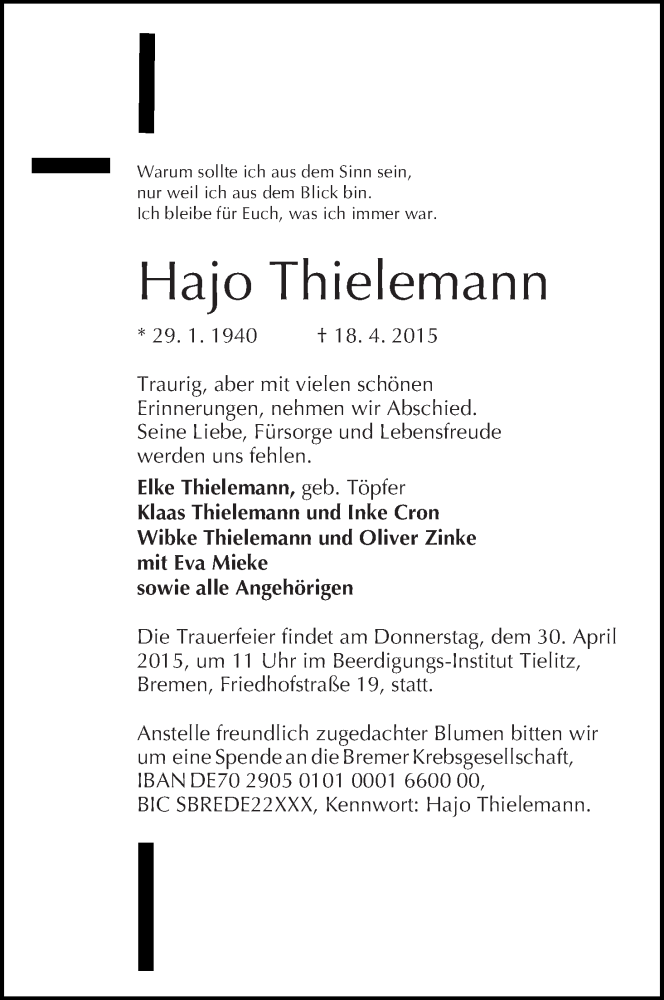 Traueranzeige von Hajo Thielemann von WESER-KURIER