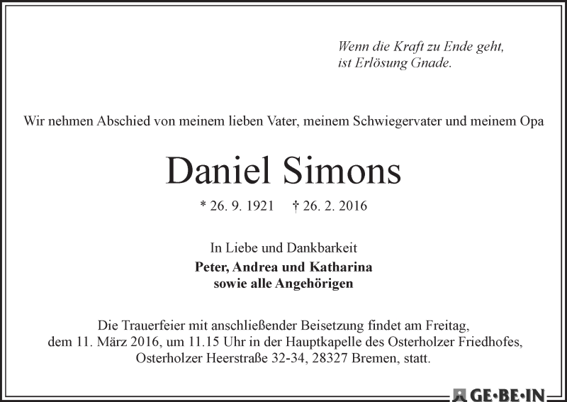 Traueranzeige von Daniel Simons von WESER-KURIER