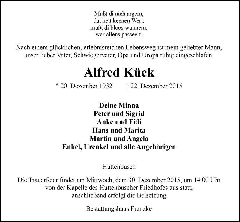 Traueranzeige von Alfred Kück von Osterholzer Kreisblatt