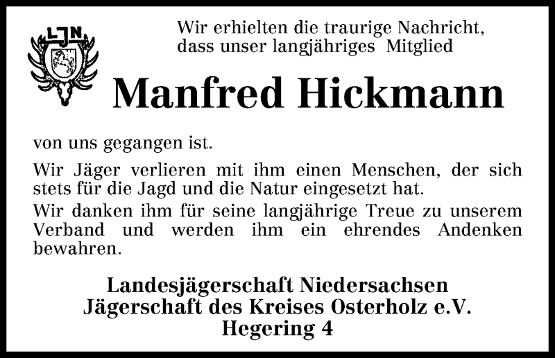 Traueranzeige von Manfred Hickmann von Osterholzer Kreisblatt