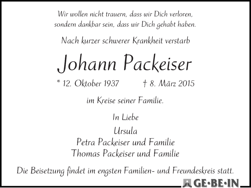 Traueranzeige von Johann Packeiser von WESER-KURIER