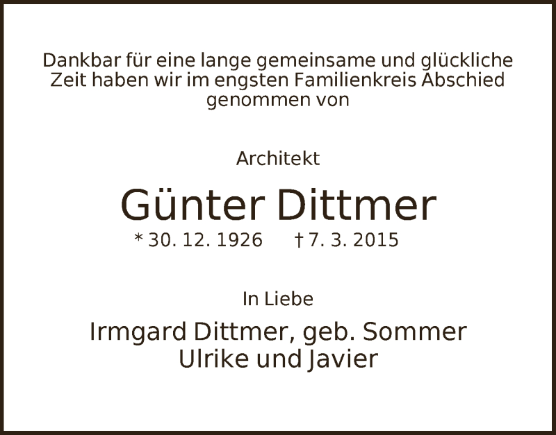 Traueranzeige von Günter Dittmer von WESER-KURIER