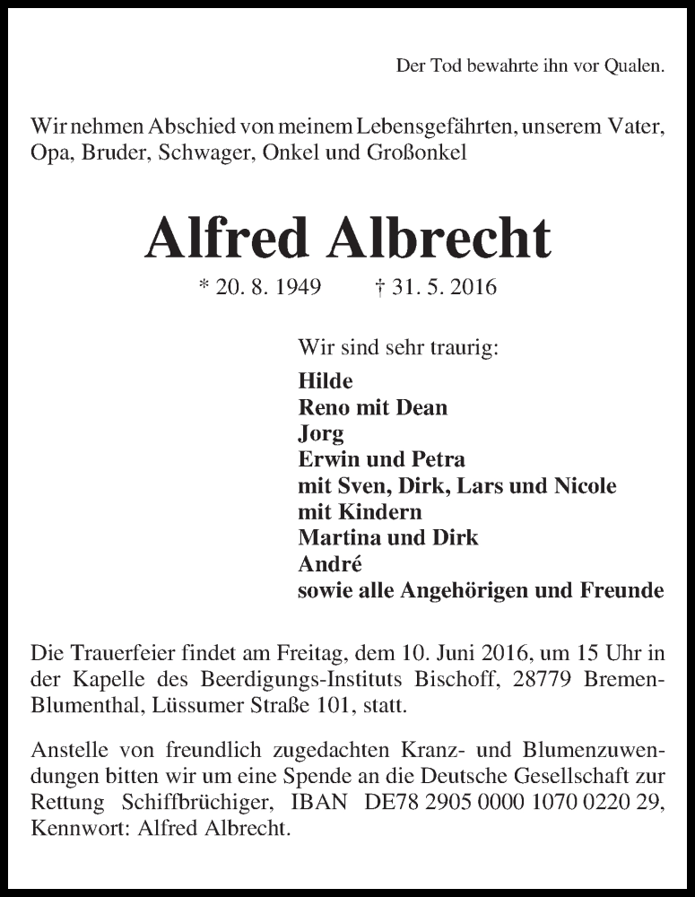 Traueranzeige von Alfred Albrecht von WESER-KURIER