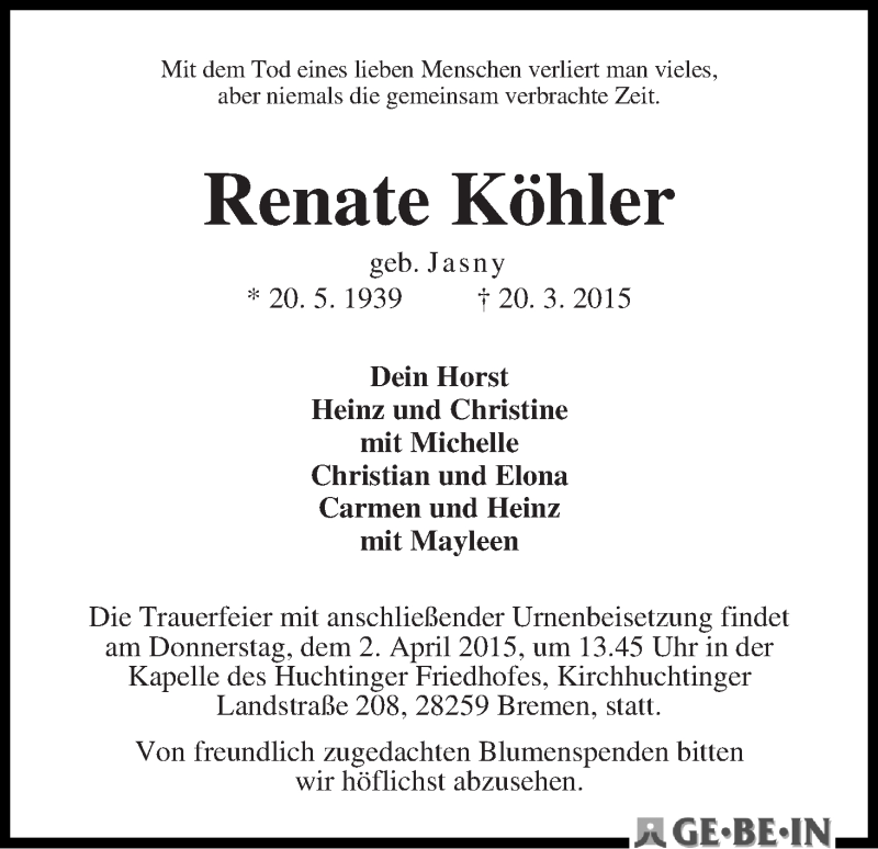 Traueranzeige von Renate Köhler von WESER-KURIER