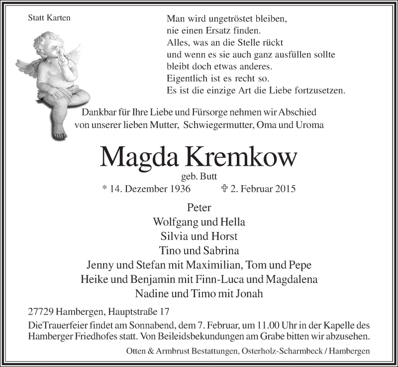 Traueranzeige von Magda Kremkow von Osterholzer Kreisblatt