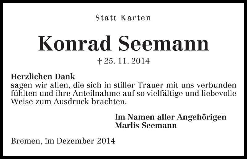 Traueranzeige von Konrad Seemann von Die Norddeutsche