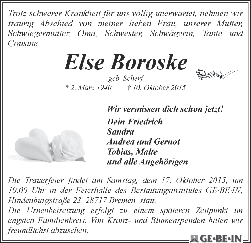 Traueranzeige von Else Boroske von WESER-KURIER