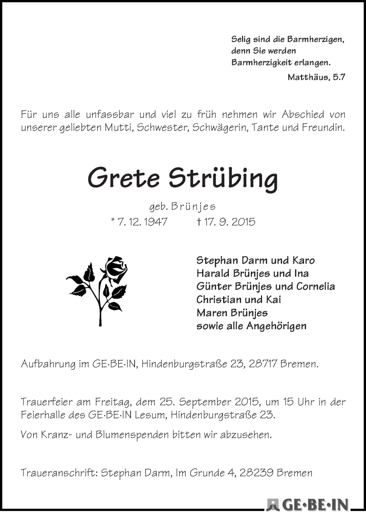Traueranzeige von Grete Strübing von WESER-KURIER