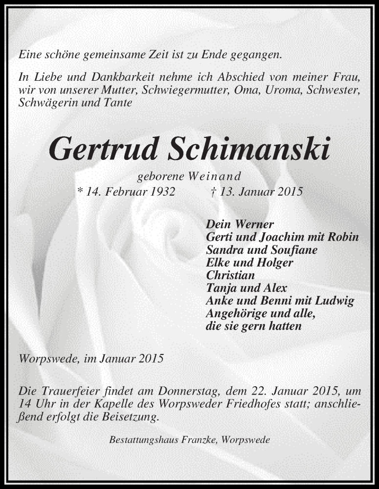 Traueranzeige von Gertrud Schimanski von Wuemme Zeitung
