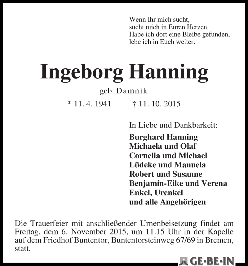  Traueranzeige für Ingeborg Hanning vom 31.10.2015 aus WESER-KURIER